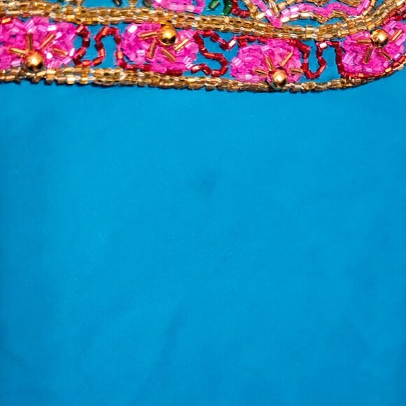 Adrianne Papell Turquoise Silk Pink & Gold Lavishly Beaded VTG 90s Evening Dress - Picture 11 of 12